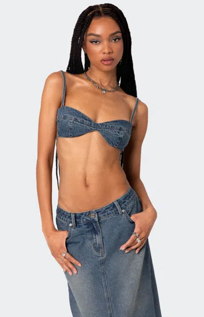 Edikted Lassy Tie Back Denim Bralette In Blue
