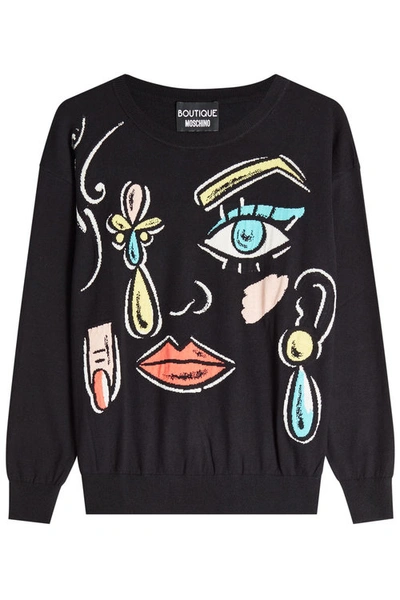 Boutique Moschino Printed Pullover With Virgin Wool And Cotton In Black