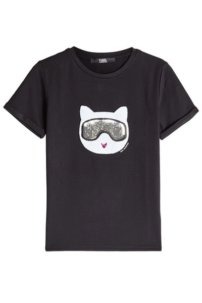 Karl Lagerfeld Furry Winter Choupette Cotton T-shirt, Black