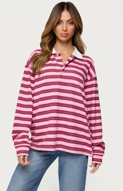 Edikted Maureen Stripe Polo Sweatshirt In Pink