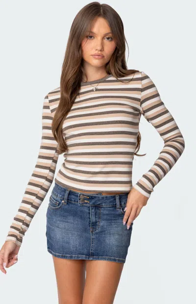 Edikted Sivan Stripe Stretch Cotton T-shirt In Brown