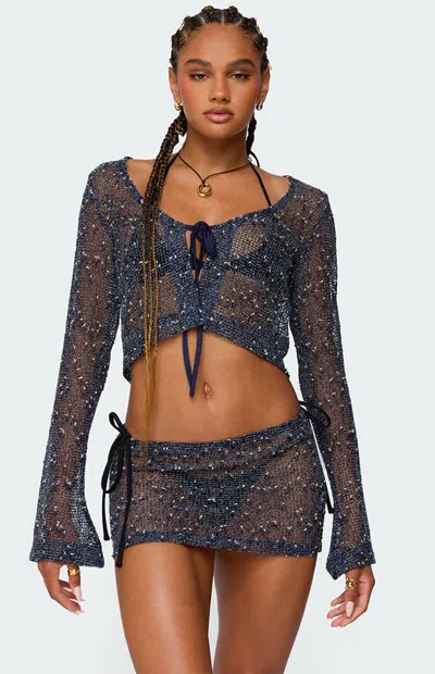 Edikted Idra Crochet Net Tie Front Top In Blue
