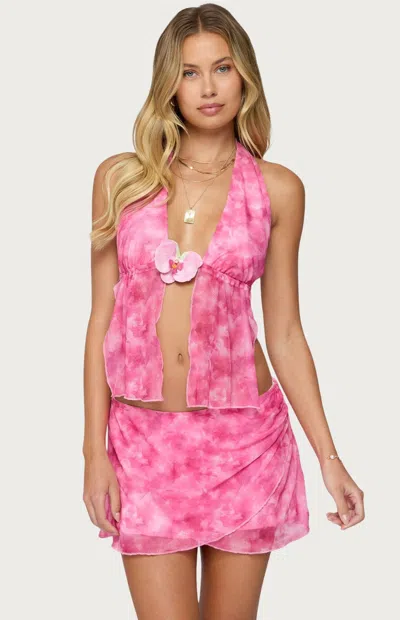 Edikted Tie Dye Halter Split Front Mesh Camisole In Pink