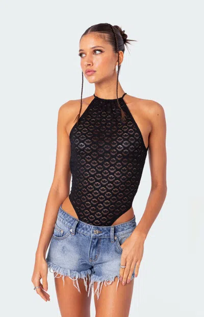 Edikted Sheer Lace Open Back Bodysuit In Black