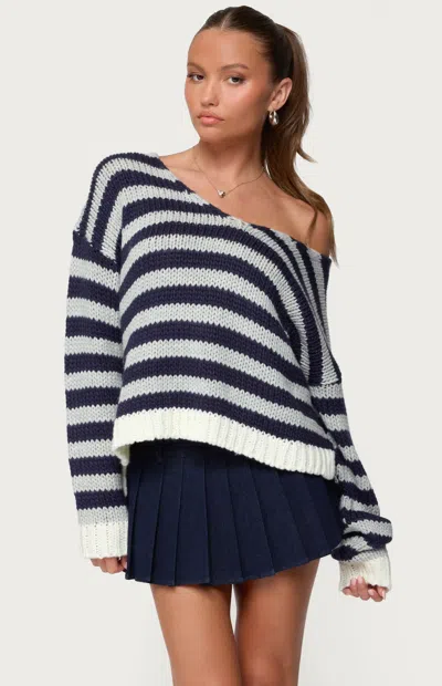 Edikted Eugenie Stripe Oversize Off The Shoulder Sweater In Blue