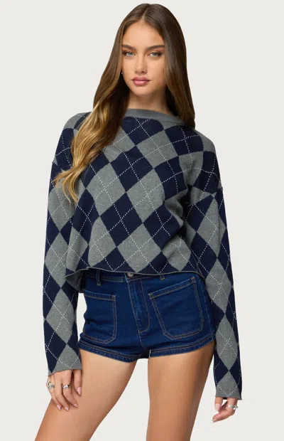 Edikted Prep Argyle Crop Cotton Sweater In Blue
