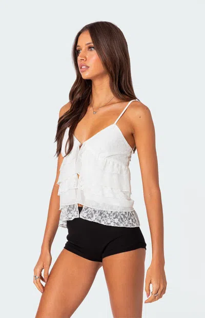 Edikted Lacey Split Front Ruffle Tank Top In White