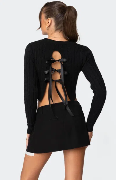 Edikted Bow Accent Cable Stitch Crop Sweater In Black