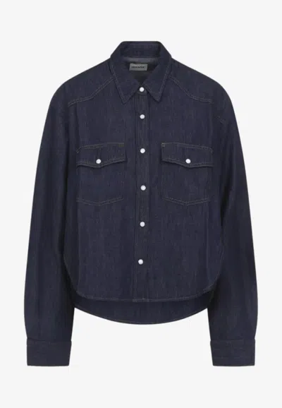 Khaite Neutrals Grenon Cropped Denim Cotton Shirt In Blue
