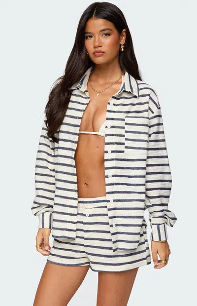 Edikted Collins Oversized Striped Button Up Shirt In White
