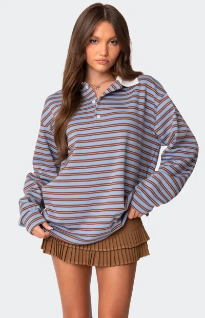 Edikted Stripe Long Sleeve Oversize Polo In Multi