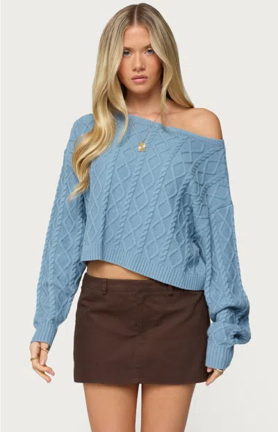 Edikted Oversized Off Shoulder Cable Knit Sweater In Blue