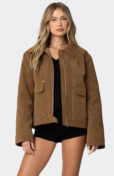 Edikted Annabelle Oversized Suede Jacket In Brown