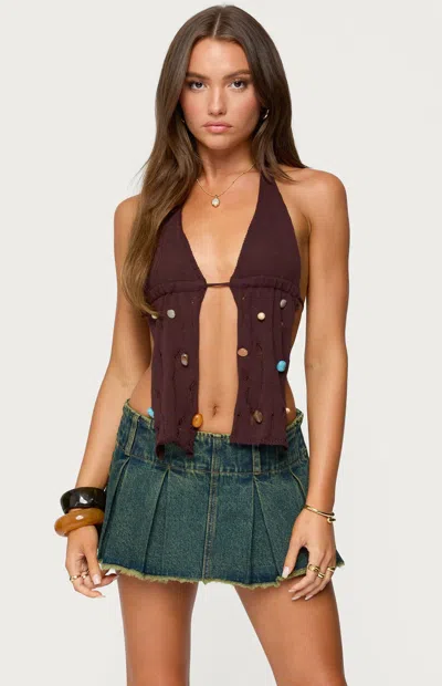 Edikted Beaded Distressed Split Front Halter Top In Brown