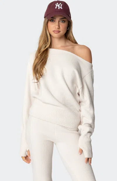 Edikted Plush Oversized Asymmetric Sweater In White