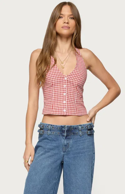 Edikted Evan Gingham Button Up Halter Top In Red