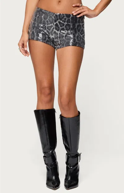 Edikted Sequin Leopard Printed Micro Shorts In Gray