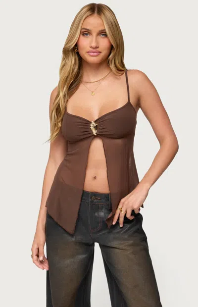 Edikted Reeve Split Front Sheer Mesh Top In Orange