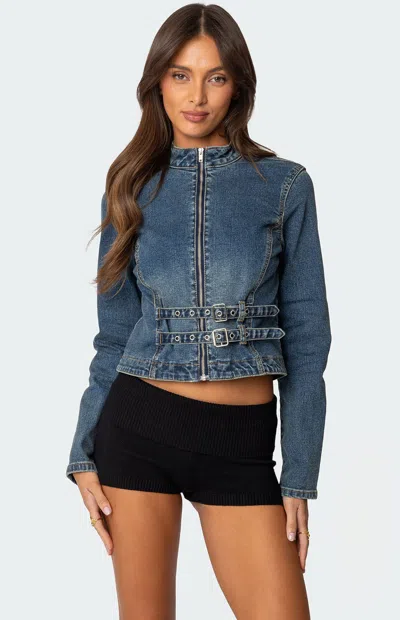 Edikted Double Buckle Strap Denim Jacket In Metallic