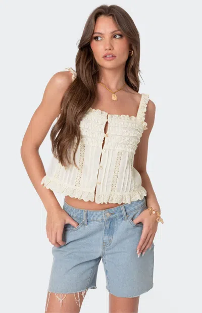 Edikted Hera Button Front Ruffled Top In White