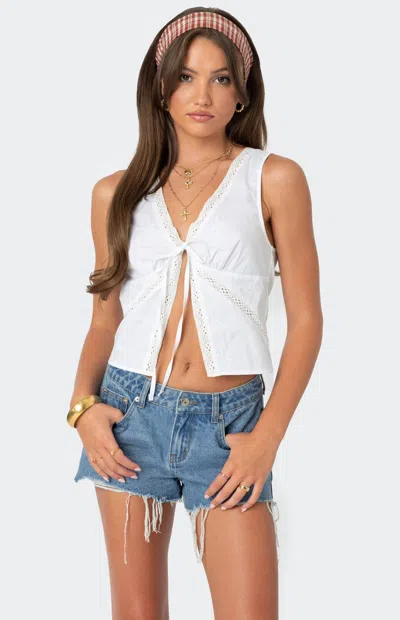 Edikted Lacey Embroidered Split Front Top In White