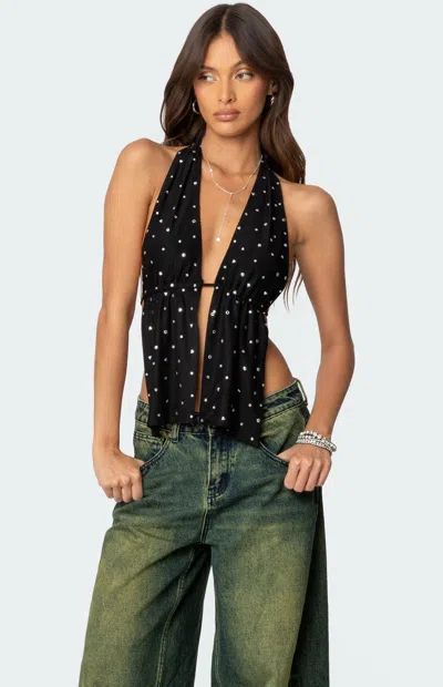 Edikted Studded Split Front Open Back Halter Top In Black