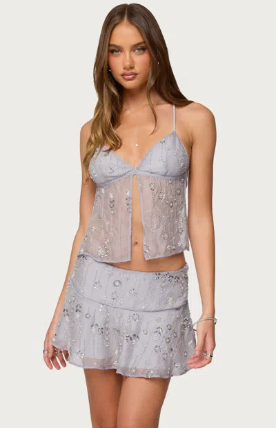 Edikted Kylie Beaded Split Front Top In Gray