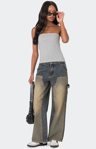 Edikted Contrast Panel Low-rise Baggy Jeans In Blue