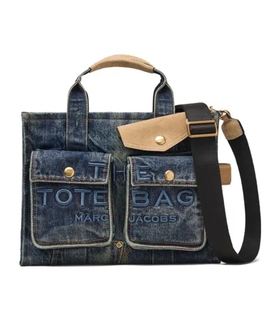 Marc Jacobs The Denim Suede Medium Cargo Tote Bag Dark Wash Indigo In Multi
