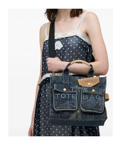 Marc Jacobs The Denim Suede Medium Cargo Tote Bag Dark Wash Indigo In Multi