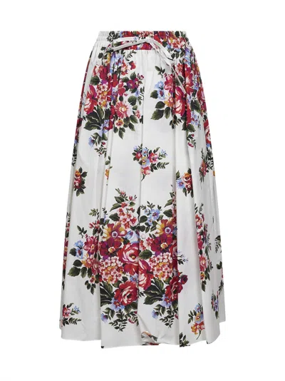 Dolce & Gabbana White Long Skirt With Floral Print And Elasticated Waistband In Cotton Woman