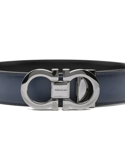 Ferragamo Navy Blue Logo Buckle Solid Belt In Blue