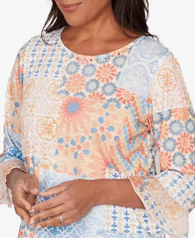 Alfred Dunner Plus Size Beachcomber Patchwork Medallion Ruffle Sleeve Top In Multi