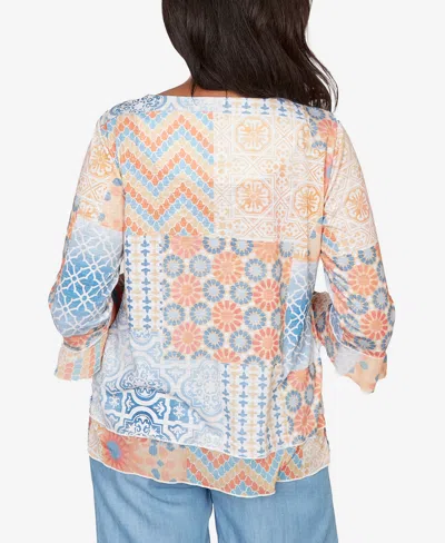 Alfred Dunner Plus Size Beachcomber Patchwork Medallion Ruffle Sleeve Top In Multi