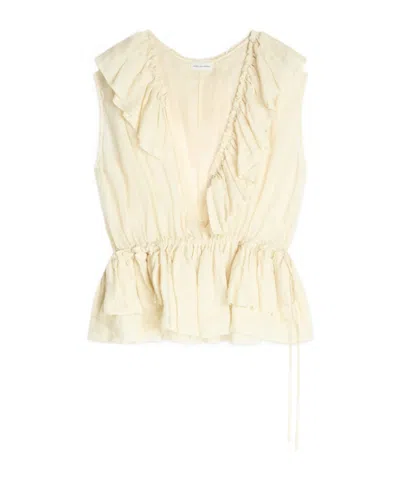 Dries Van Noten Sleeveless Top Elastic Waist Ruffled Neckline In White