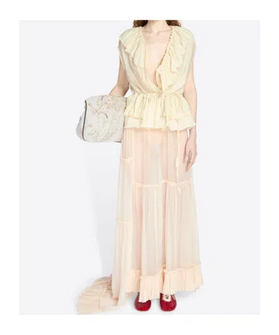 Dries Van Noten Sleeveless Top Elastic Waist Ruffled Neckline In White