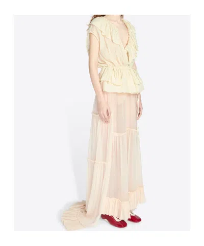 Dries Van Noten Sleeveless Top Elastic Waist Ruffled Neckline In White
