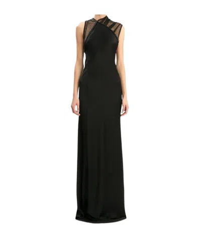 Victoria Beckham Asymmetric Mesh Trim Trumpet Gown In Black