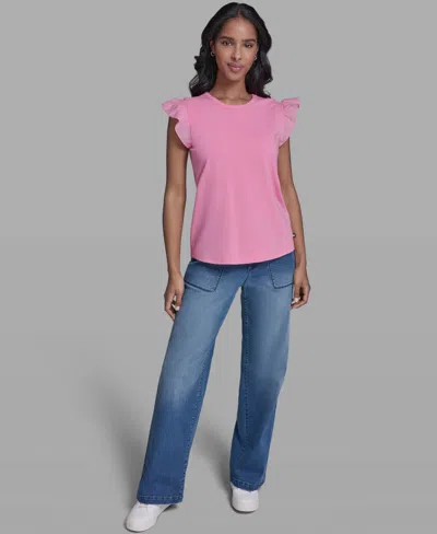 Karl Lagerfeld Ruffled Solid Top In Pink