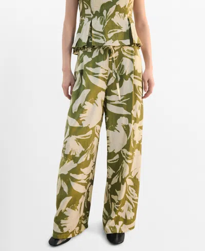 Mango Floral Belted Straight Leg Pants In Green