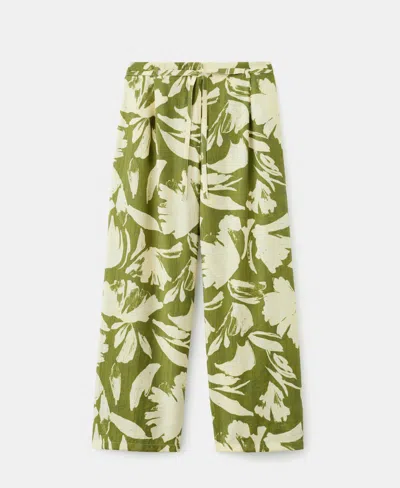 Mango Floral Belted Straight Leg Pants In Green