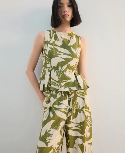 Mango Floral Belted Straight Leg Pants In Green