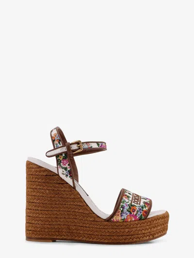 Dolce & Gabbana Leather-trimmed Embroidered Canvas Platform Wedge Sandals In Brown