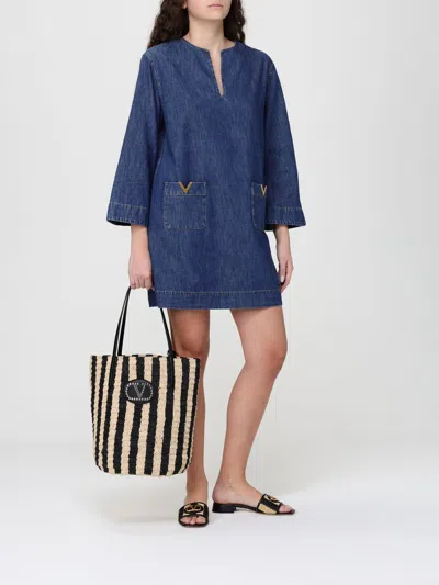 Valentino Vlogo Signature Denim Dress Three Quarter Sleeves In Blue