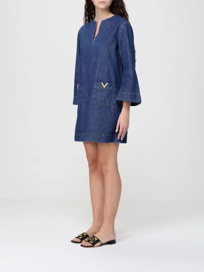 Valentino Vlogo Signature Denim Dress Three Quarter Sleeves In Blue