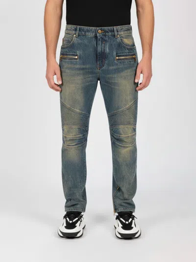 Balmain Regular Biker Denim Pants In Blue