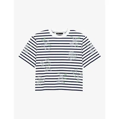 Maje Womens White Striped Crystal-flower Cotton-jersey T-shirt In Multi
