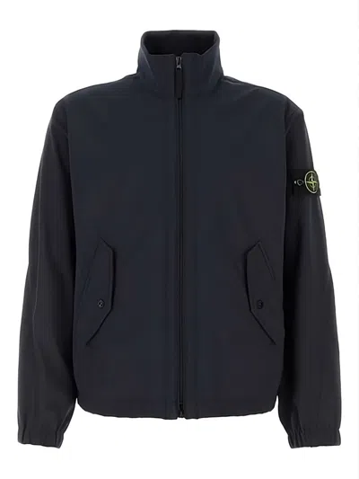 Stone Island Stretch Polyester Jacket Elastic Cuffs High Collar In Blue
