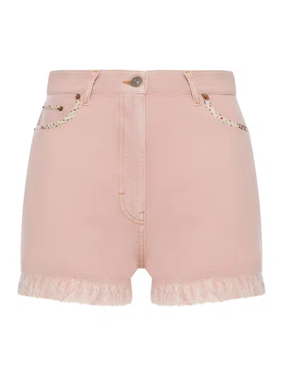 Valentino Knee Length Shorts Frayed Hem Floral Pockets Belt Loops In Nude