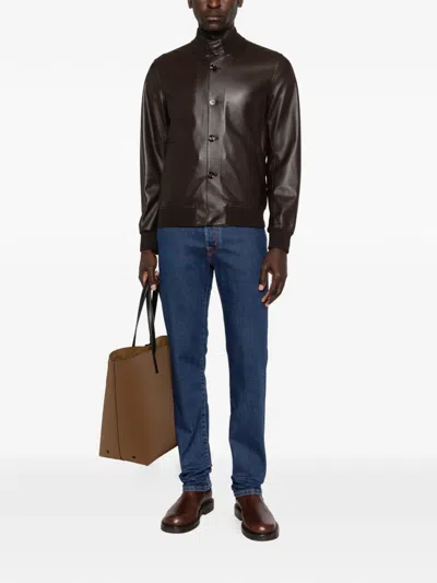 Kiton Buttoned Leather Jacket In Brown